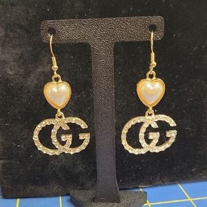 Affy CG Rhinestone Gold Tone Faux Pearl Heart Drop 1.5" Earrings